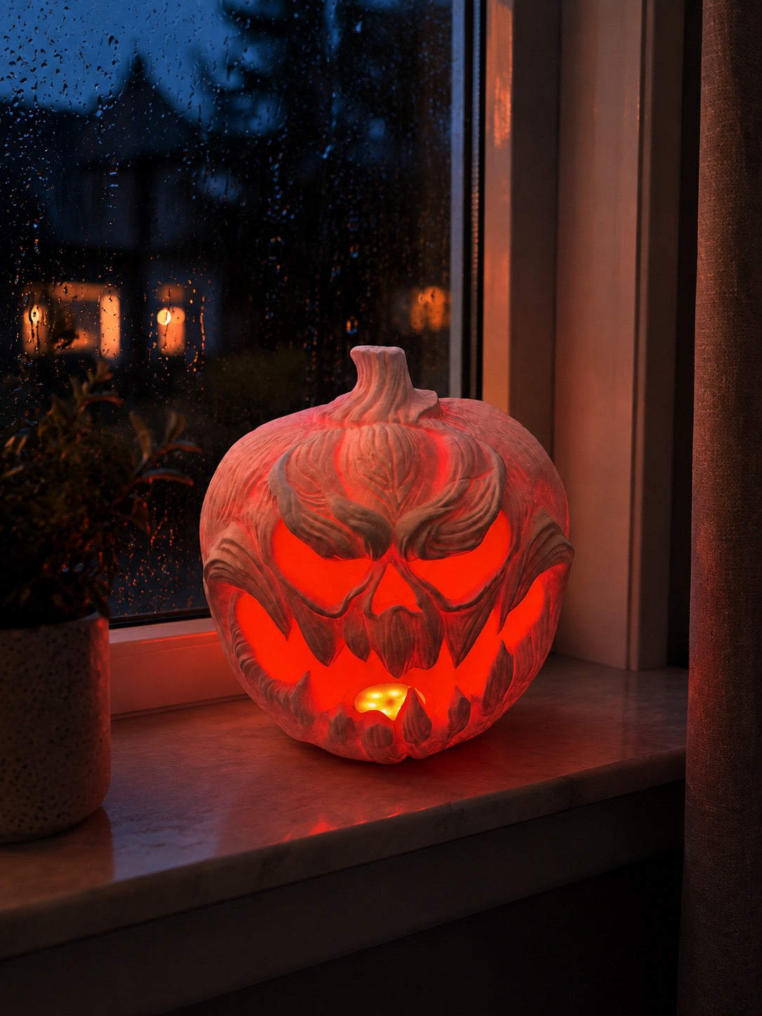Spuk-Kürbis mit rot glühendem LED-Gesicht auf der Fensterbank – Halloween-Deko 3D-gedruckt, TAO Dekor
