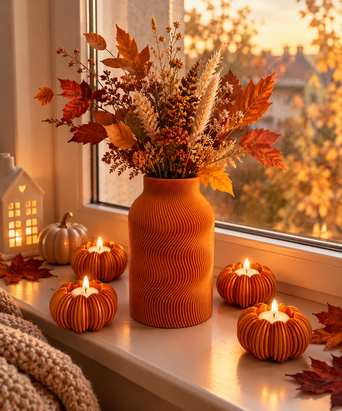 Herbstdeko am Fenster: orange 3D-gedruckte Vase mit Trockenblumen und Kürbis-Teelichthalter Zucca mit LED-Teelichtern im Abendlicht