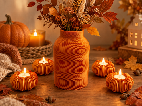 Herbstliche Tischdeko: Zucca Kürbis-Teelichthalter in Goldenes Rosa neben Vase mit Trockenblumen – TAO Dekor